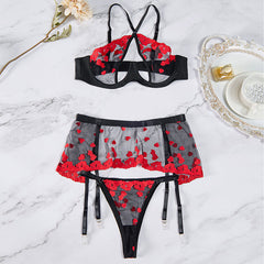 【Sexy clothing】Sexy Underwear Embroidered Three-Piece Lace Pajamas Sexy Seduction See-through Passion Uniform for Women